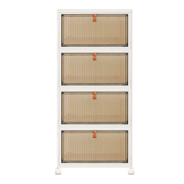 3 4 5 Tier Folding Storage Box, Plastic Collapsible Storage Box with Wheels, Stackable Storage Boxes with Lids and Front Opening Door Stackable Storage Boxes with Lids, 4 Wheels, Sturdy PP Matterial, Foldable Plastic Storage Unit for Toys/Office Supplies/