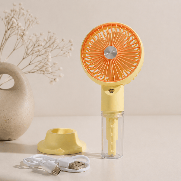 Portable USB Rechargeable Mist Fan with Adjustable Speeds, Humidifier, and LED Light – Compact and Stylish Handheld Fan for Personal Cooling