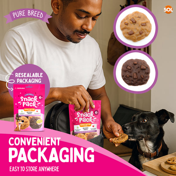 Pure Breed Snack Pack Dog Chews 4 Pack | Peanut Butter Cookie Dog Treats | Grain-Free Low Fat Healthy Dog Snacks | Natural Sweet Potato & Real Meat Chew | Tasty Training Reward for All Breeds