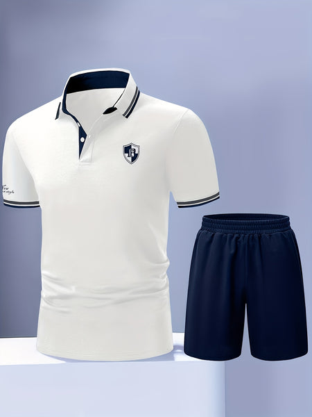 Men'S Polo Shirt Fashion Casual Set Pique Mesh Letter Pattern Top And Bottom