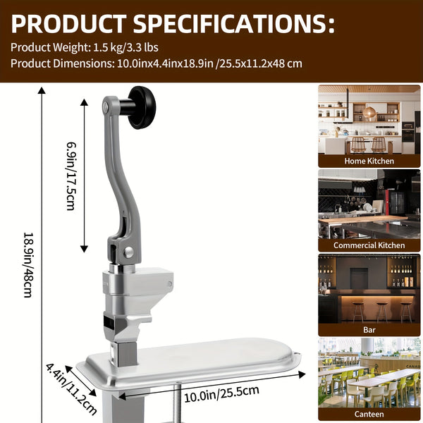 Stainless Steel Manual Can Opener, Heavy-Duty Industrial Grade, Tabletop Mount, Metal Construction, Professional Can Opener for Restaurant, Catering, Commercial Kitchen Use