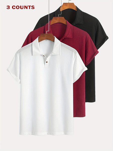 3pcs Set of Summer Casual Sporty Jacquard Knit Short-Sleeve Polo Shirts, 3pcs Jacquard Texture Short-Sleeve Polo Tops