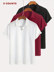 3pcs Set of Summer Casual Sporty Jacquard Knit Short-Sleeve Polo Shirts, 3pcs Jacquard Texture Short-Sleeve Polo Tops
