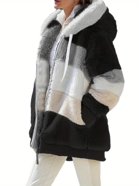 Women'S Faux Fur Shearling Fleece Jacket - Full-Zip Hooded Coat with Full-Length Zipper, Plush Fleece Lining, Purple & Winter Jacket for Cold Weather