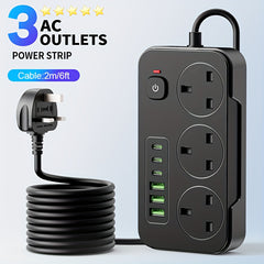 9-in-1 Power Socket Surge Protector, Power Socket/power Board/power Strip, 3250W, 13A, 2M Extension Cord, Portable Power Socket, Overload Protection, 3 AC Power Sockets, 6 USB Ports, Suitable For Home, Kitchen, Office Or Hotel Use
