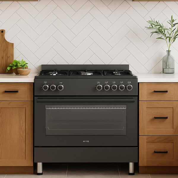 HYE Freestanding Gas Cooker 90Cm with Large Single Electric Oven, 5 Gas Burners, Timer, Child Lock, Accessories, Digital Controls, Adjustable Alarm & Modern Black Finish – C01FS90G17 [2025]