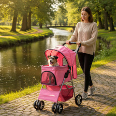 Foldable Pet Stroller With Rain Cover, Portable Foldable Outdoor Walking Cart with Large Space, Hand-Pull Design, Durable Oxford Fabric, Ergonomic Handle & Ventilation Mesh, Lightweight & Sturdy Frame For Small To Medium Dogs - Outdoor Pet Carrier, Modern
