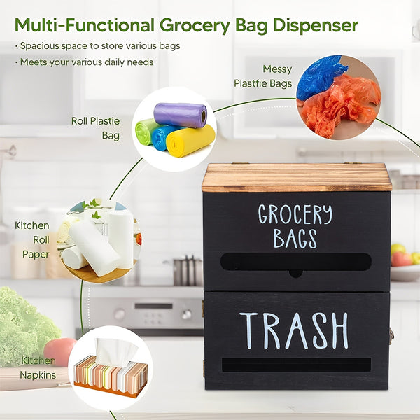 White/Black Two-Tier Wooden Trash Bag Storage Box Trash Bag Holder, Kitchen Plastic Wrap & Bag Organizer with Lid, Large Capacity Hanging Storage Container, Household Storage Accessories