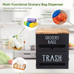 White/Black Two-Tier Wooden Trash Bag Storage Box Trash Bag Holder, Kitchen Plastic Wrap & Bag Organizer with Lid, Large Capacity Hanging Storage Container, Household Storage Accessories