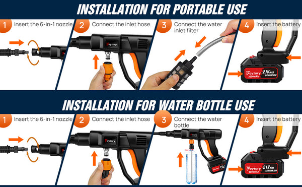 Cordless Pressure Washer, Portable Pressure Washer with 2PCS Batteries,6-in-1 Adjustable Nozzle, 16.4FT Hose Pressure Cleaner for Car/Floor/Garden Cleaning & Watering