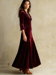Chic Long Dress with a Lapel Collar, Featuring Three-Quarter Sleeves And a Vintage Full Skirt. Perfect for Autumn And Winter Office Wear, Retro Gatherings, Casual Outings, And Light Social Events