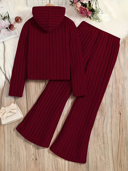 A Set of Women's Ribbed Letter Applique Hoodie and Flared Pants