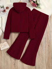 A Set of Women's Ribbed Letter Applique Hoodie and Flared Pants