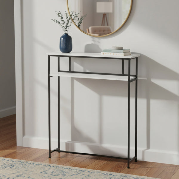 Sofa Side Table for Narrow Spaces, 2-Tier White Marble & Black Steel Shelf, 80cm Slim Console for Behind Couch, Organizer for Remote, Books, Living Room, 80*20*100cm