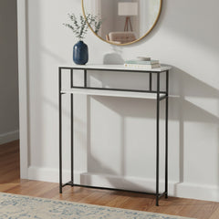 Sofa Side Table for Narrow Spaces, 2-Tier White Marble & Black Steel Shelf, 80cm Slim Console for Behind Couch, Organizer for Remote, Books, Living Room, 80*20*100cm