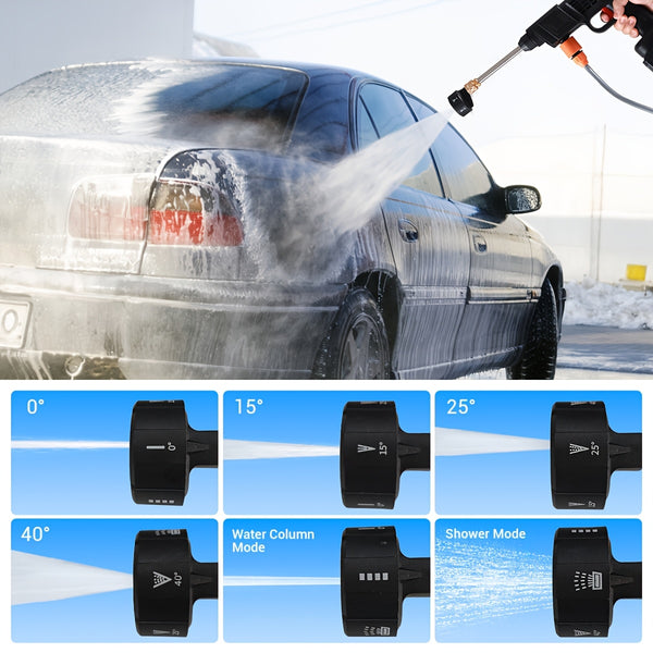 1500W Portable Cordless High Pressure Electric Car Wash - Equipped with 6-In-1 Nozzle, Handheld Car Wash Gun, for Car Wash/Home/Floor/Garden Cleaning, Includes 2 X 6000Mah Batteries