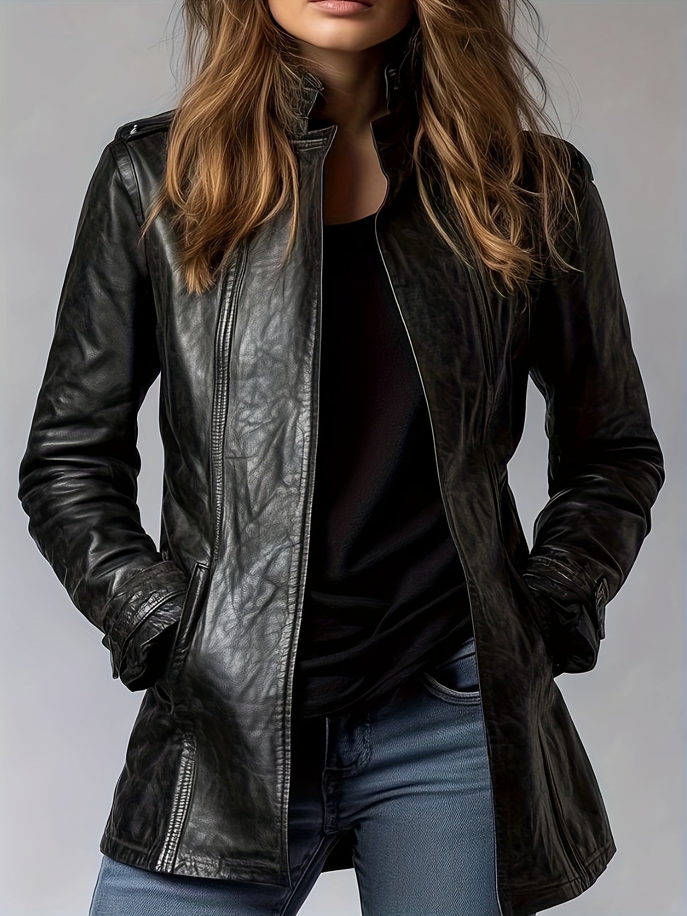 CHIDU Women's Jacket, PU, Retro Motorcycle Jacket Long-sleeved Jacket, Women's Long-sleeved Zipper Cardigan Stand-up Collar Design, Windproof Women's Jacket, Suitable for Spring, Autumn And Winter Jackets, Pockets, Global ALL, Casual Women's Jacket