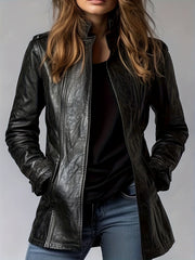 CHIDU Women's Jacket, PU, Retro Motorcycle Jacket Long-sleeved Jacket, Women's Long-sleeved Zipper Cardigan Stand-up Collar Design, Windproof Women's Jacket, Suitable for Spring, Autumn And Winter Jackets, Pockets, Global ALL, Casual Women's Jacket