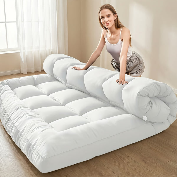 Japanese Floor Futon Mattress, 1000GSM Mattress Topper, 10cm Thicken Tatami Sleeping Pad Foldable Roll Up Dormitory Mat Pad Floor Lounger Pillow Bed, White Grey, Black, Blue