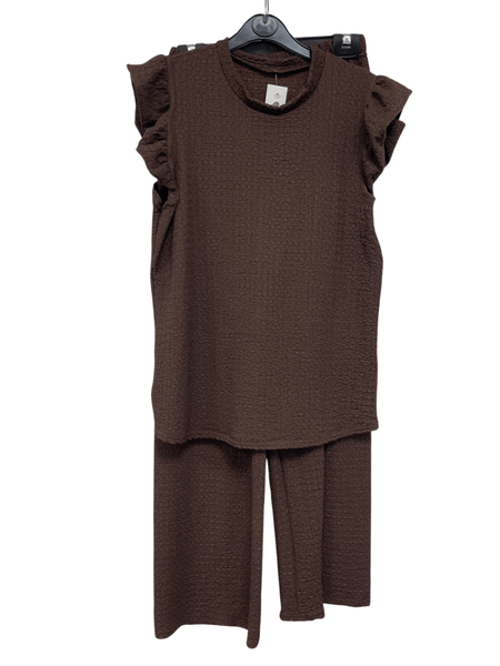 Women'S Textured Cheesecloth Frill Sleeve Top Trouser 2pcs Co Ord Loungewear Set