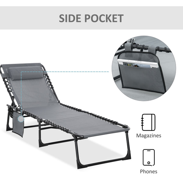 Portable Sun Lounger, Folding Camping Bed with Side Pocket and Pillow for Patio