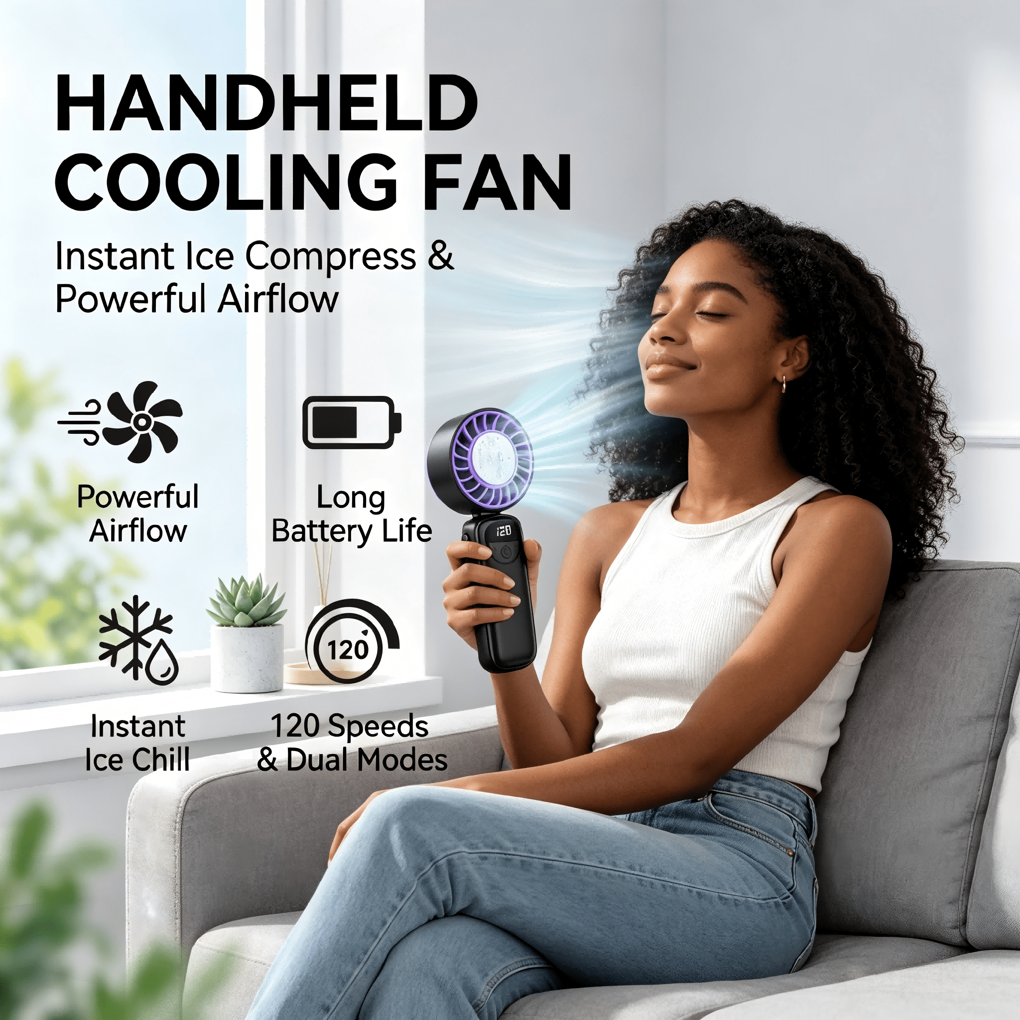 Portable Handheld Fan, Turbo Fan with Ice Cooling & 120 Adjustable Speeds, Rechargeable Personal Fan with Digital Display, 90° Foldable Mini Fan for Travel, Office, Outdoor