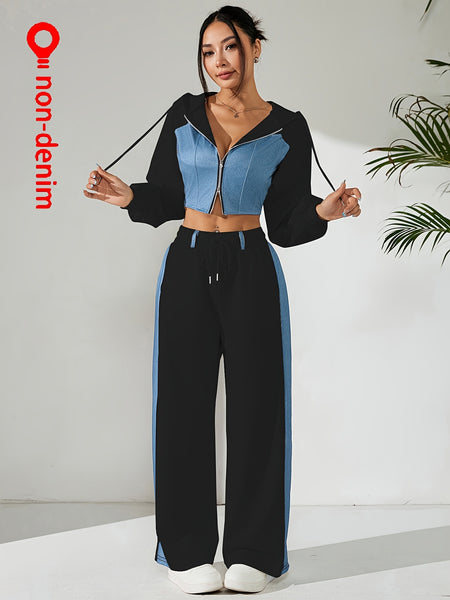 Women'S Suit Featuring a Two-Piece Set with Contrasting Colors, a Short Zip-Up Jacket with Long Sleeves for Spring And Autumn, Paired with Straight-Cut Elegant Casual Pants