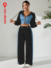 Women'S Suit Featuring a Two-Piece Set with Contrasting Colors, a Short Zip-Up Jacket with Long Sleeves for Spring And Autumn, Paired with Straight-Cut Elegant Casual Pants