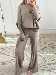 Women's Autumn and Winter Solid Color Off-Shoulder Sweater Top with Pants Set