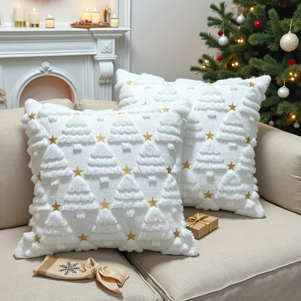 1/2pcs 3D White Christmas Tree Throw Pillow Cover - Quilted Plush Nordic Minimalist Luxury Decorative Cushion Cover with Zipper Closure, Soft Plush Fabric & 3D Tree Design for Sofa, Bed, Living Room - Machine Washable Winter Home Decor