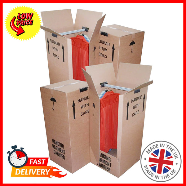 5 Wardrobe Removal Cardboard Storage Boxes With Hanging Rail For Packing & Moving Home