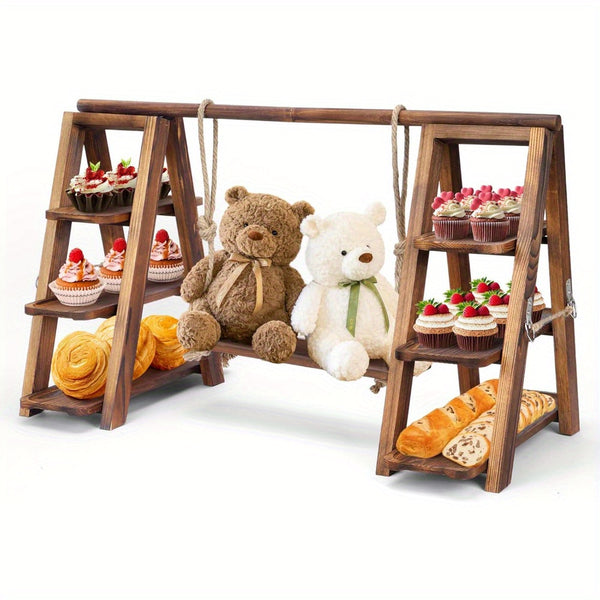 Wooden Double Dessert Table Display Set Rack 3 Tier Serving Tray Solid Wood Ladder Stand Wedding Cupcake Stand Dark Walnut Decorative Tray for Cake Snack Fruit Chips Bread Centerpieces