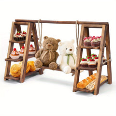 Wooden Double Dessert Table Display Set Rack 3 Tier Serving Tray Solid Wood Ladder Stand Wedding Cupcake Stand Dark Walnut Decorative Tray for Cake Snack Fruit Chips Bread Centerpieces