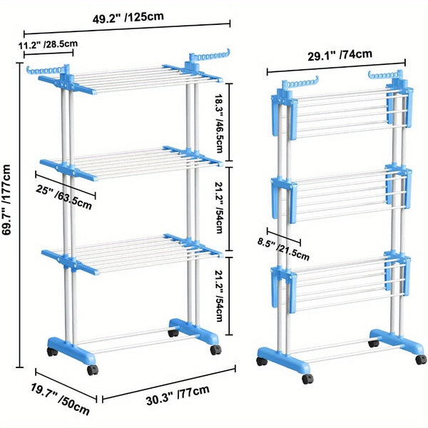 Extra Large 4-Tier Freestanding Metal Clothes Drying Rack, Adjustable Rolling Garment Dryer Stand with Wheels, Foldable Design for Indoor/Outdoor Laundry Room, Drying Racks