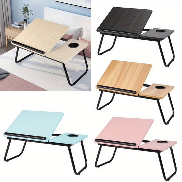 [Cozy Comfort] Versatile Folding Laptop Desk with Cup Holder - 5-Level Adjustable Tilt, Portable & Sturdy Wooden Frame, Ideal for Reading, Studying & Serving Breakfast in Bed - Available in Black, Walnut, Natural, Pink