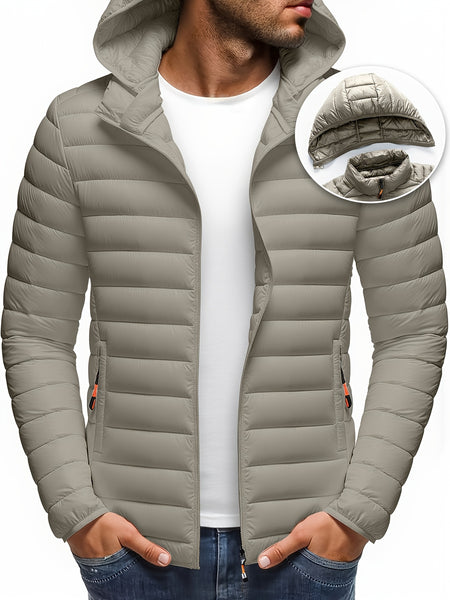 Men's Stand Collar Hooded Jacket - Warm, Windproof Thickened Coat, Detachable Hood, Solid Color Design, Thickened Nylon Fabric for Cold Weather, Casual Style, Zip Closure, Dry Clean Only, Winter Stand Collar Hooded Thickened Coat