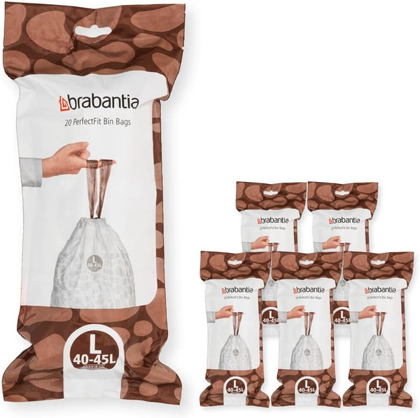 Brabantia Perfectfit Bin Liners (Size G/23-30 Litre) Thick Plastic Trash Bags with Tie Tape Drawstring Handles (40 Bags)