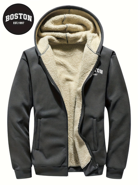 Men's Casual Zip-Up Hooded Jacket with Letter Print, Black & Beige Contrast, Regular Fit, Machine Washable, Front Pockets for Outdoor & Casual Attire
