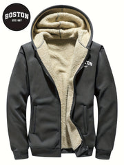 Men's Casual Zip-Up Hooded Jacket with Letter Print, Black & Beige Contrast, Regular Fit, Machine Washable, Front Pockets for Outdoor & Casual Attire