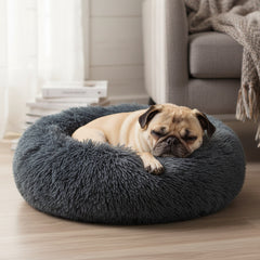 40/50/60/70cm Round Plush Donut Dog/Cat Bed Cuddler Pet Cushion Self-Warming Bed Washable Dog Bed with Non-Slip and Waterproof Bottom Calming Dog Bed