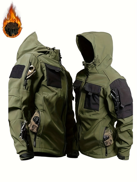 Men'S Fleece Warm Softshell Jacket Outdoor Camping Mountaineering Skiing Hiking Jacket Multi-Pocket Hooded Tactical Coat Autumn And Winter Workwear