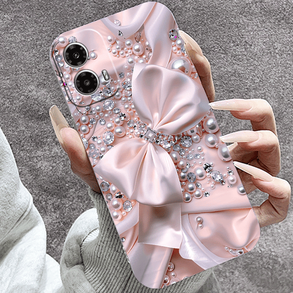 Phone Case - Mobile Cover: Decorative Phone Case with a Pink Satin Bow And Pearl Crystals for Iphone 17 Pro Max/Pro/Air, 16 Plus, 15, 14 Pro Max, 13, 12, 11. A Fantastic Present for Friends, Boys, Girls, Or Family. Anti-Scratch Design