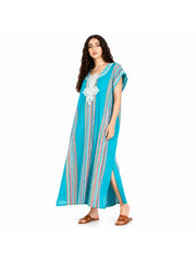 Women Boho Kaftan Dress Long Embroidered Beach Cover Up Lightweight Summer Kaftan Maxi Dress Loose Fit Swimwear Cover Up Holiday Beachwear Gandouri