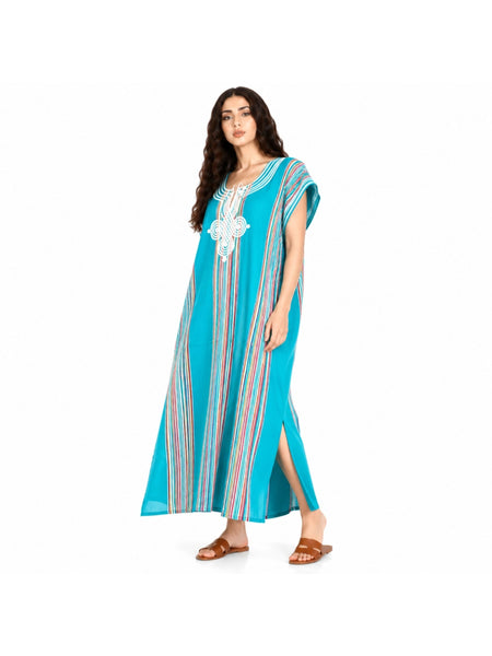 Women Boho Kaftan Dress Long Embroidered Beach Cover Up Lightweight Summer Kaftan Maxi Dress Loose Fit Swimwear Cover Up Holiday Beachwear Gandouri