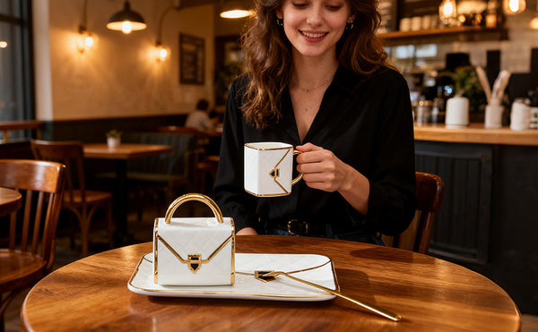 Porcelain Tea Cup and Saucer Set with Spoon, 310ml Handbag Style Ceramic Coffee Cup, High-Temperature Fired, Hand-Glazed with Gold Detailing