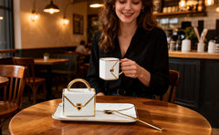 Porcelain Tea Cup and Saucer Set with Spoon, 310ml Handbag Style Ceramic Coffee Cup, High-Temperature Fired, Hand-Glazed with Gold Detailing