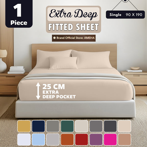 1pc 25cm Extra Deep Fitted Sheet – Solid Color Hotel-Quality Bedsheet, Ultra-Soft & Brushed Microfiber Bedding Sheet, Machine Washable, Single, Double, King, & Super King Sizes Available