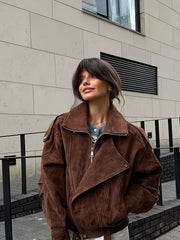 Women'S Elegant Brown Faux Jacket - Long Sleeve Zipper Front Coat with Button Closure, Structured Non-Stretch Fabric for Fall/Winter, Office, Party, Everyday Outfits - Women'S Outerwear Jacket, Ladies Jacket, Party Wear, Sophisticated Style