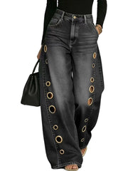 Women's Retro High Elasticity Denim Pants with Metal Circles Design- Long Versatile Jeans for Women, High-waist Trousers, Trendy Womens Clothes for Summer, All Seasons Style, Fabric, Hand Washable, Slim Fit, Suit for Daily Wear