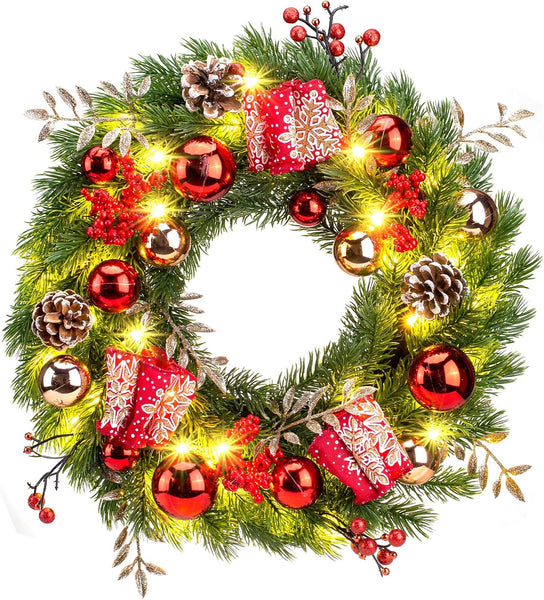 Christmas Wreath, 40Cm/16Inch Battery Powered Christmas Door Wreaths with 40Leds, Artificial Xmas Wreaths with Timer Function 8 Modes for Front Door Fireplace Festival Wall Decoration